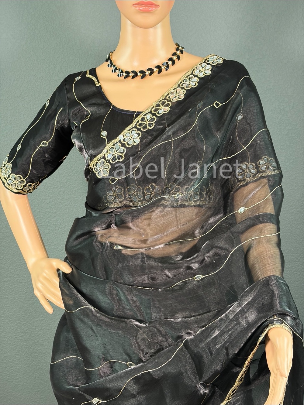 Black Sheer Saree with Gold Embroidered Floral Border (Brand New)